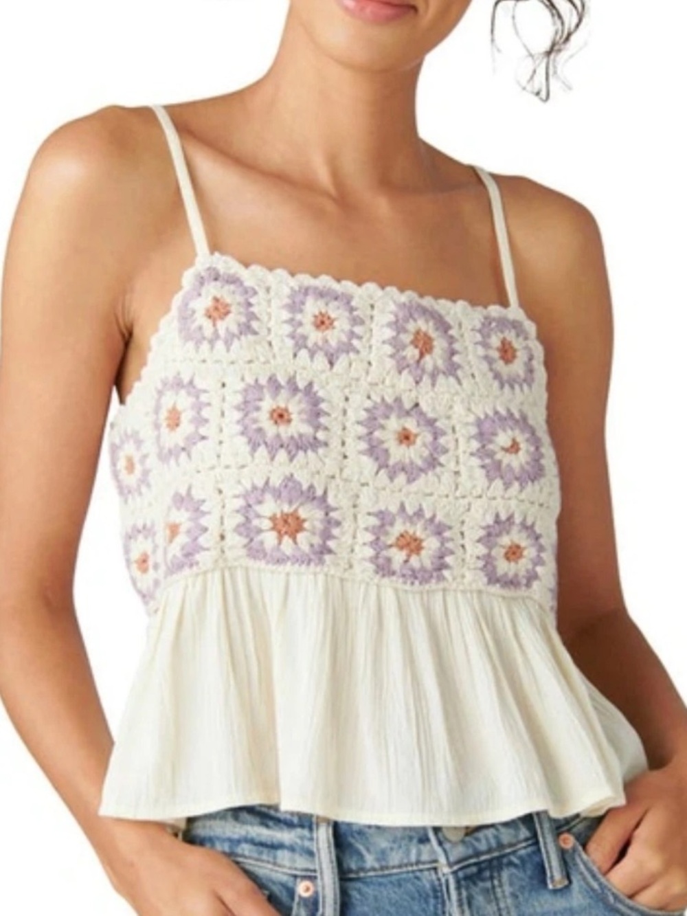 Lucky Brand Cream Crochet Daisy Print Babydoll Top Womens Medium new with Tags